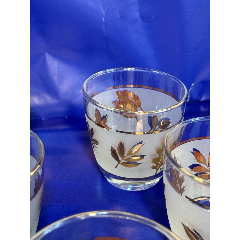 Set of 8 Libbey Golden Foliage Lowball Glasses Gold Rim Frosted 3